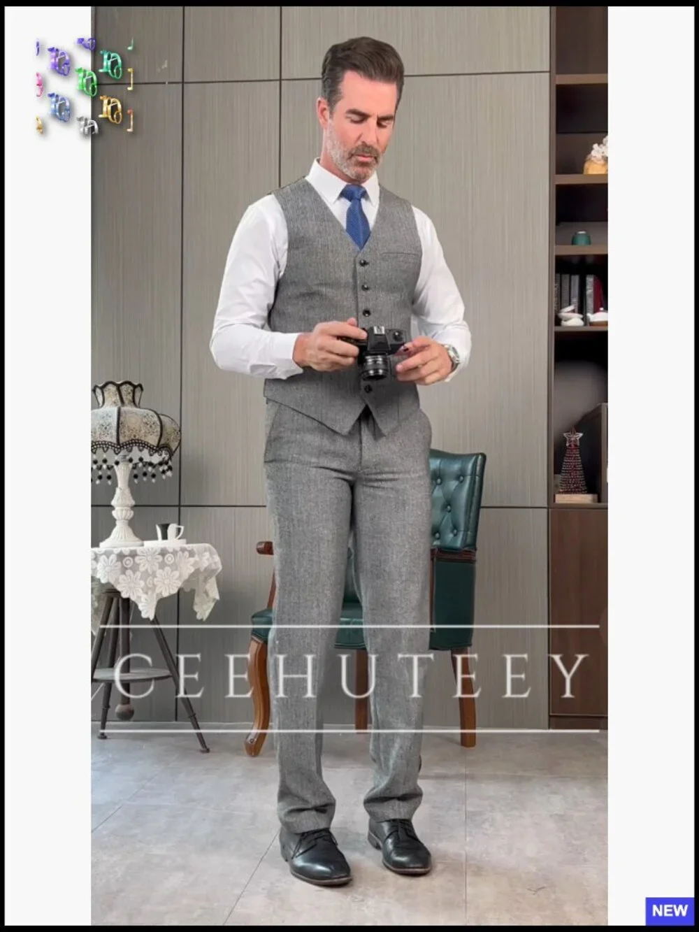 Classic Tweed Herringbone Three Piece Suit Peak Lapel Formal Elegant Wedding